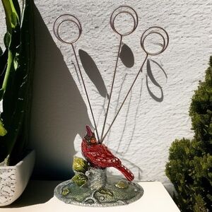 Cardinal Jeweled Enameled Photo Holder Paperweight Wired‎ Metal Card Picture Vtg